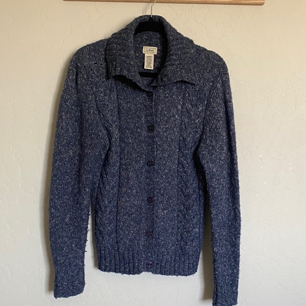 L.L. Bean Blue Cable-Knit Collared Button Cardigan Sweater Size S Regular